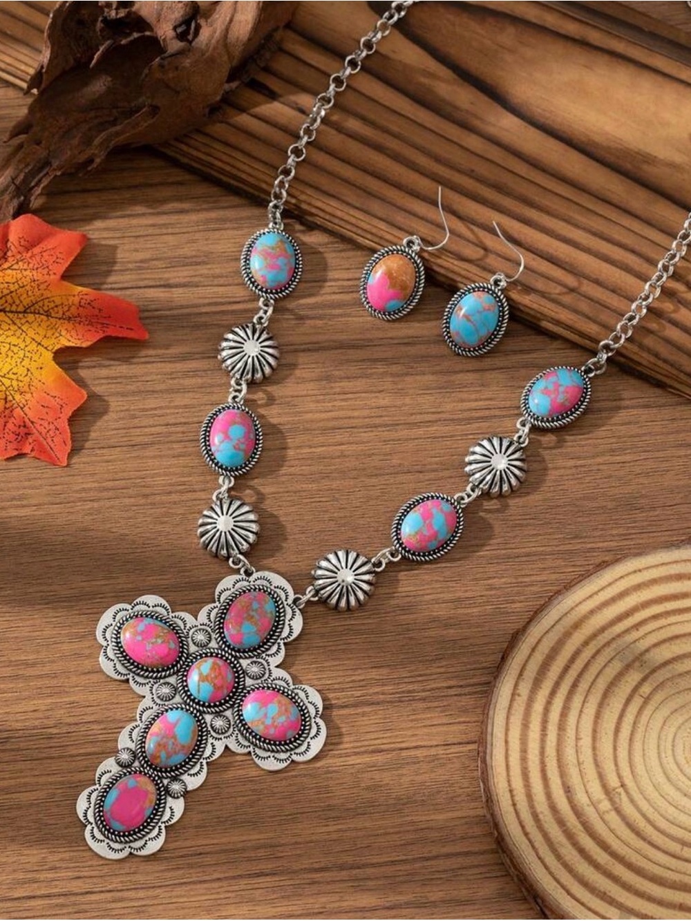 Turquoise Pink Cross Necklace & Earring Set